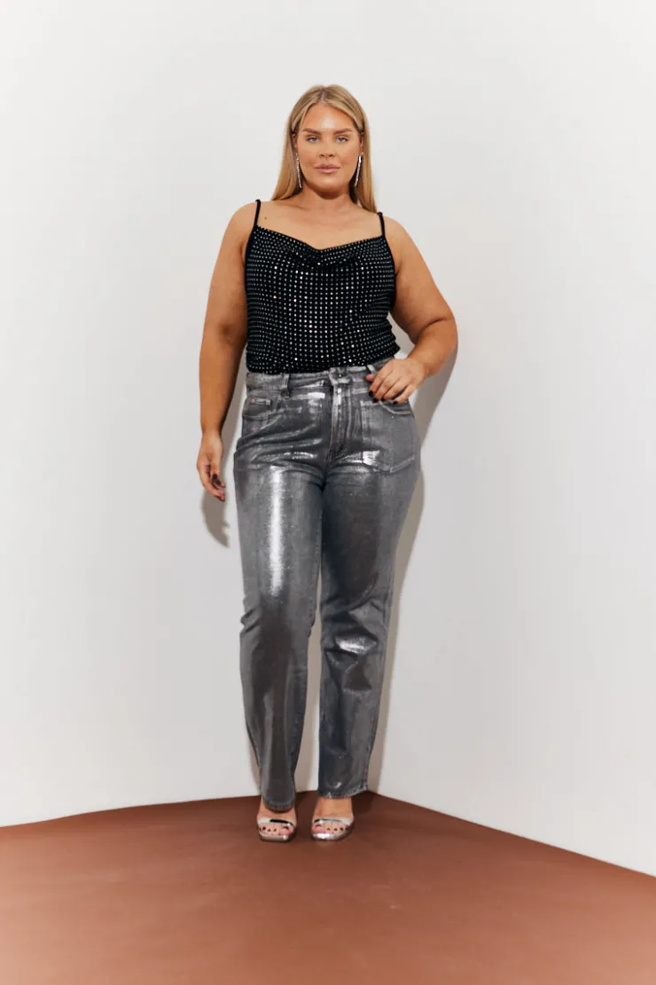 New In the Style Wide Leg Foil High Waisted Jeans Silver