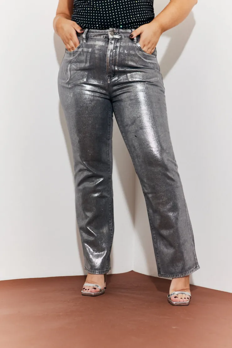 New In the Style Wide Leg Foil High Waisted Jeans Silver