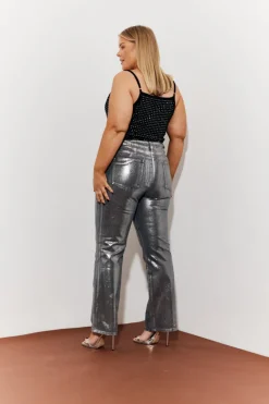 New In the Style Wide Leg Foil High Waisted Jeans Silver