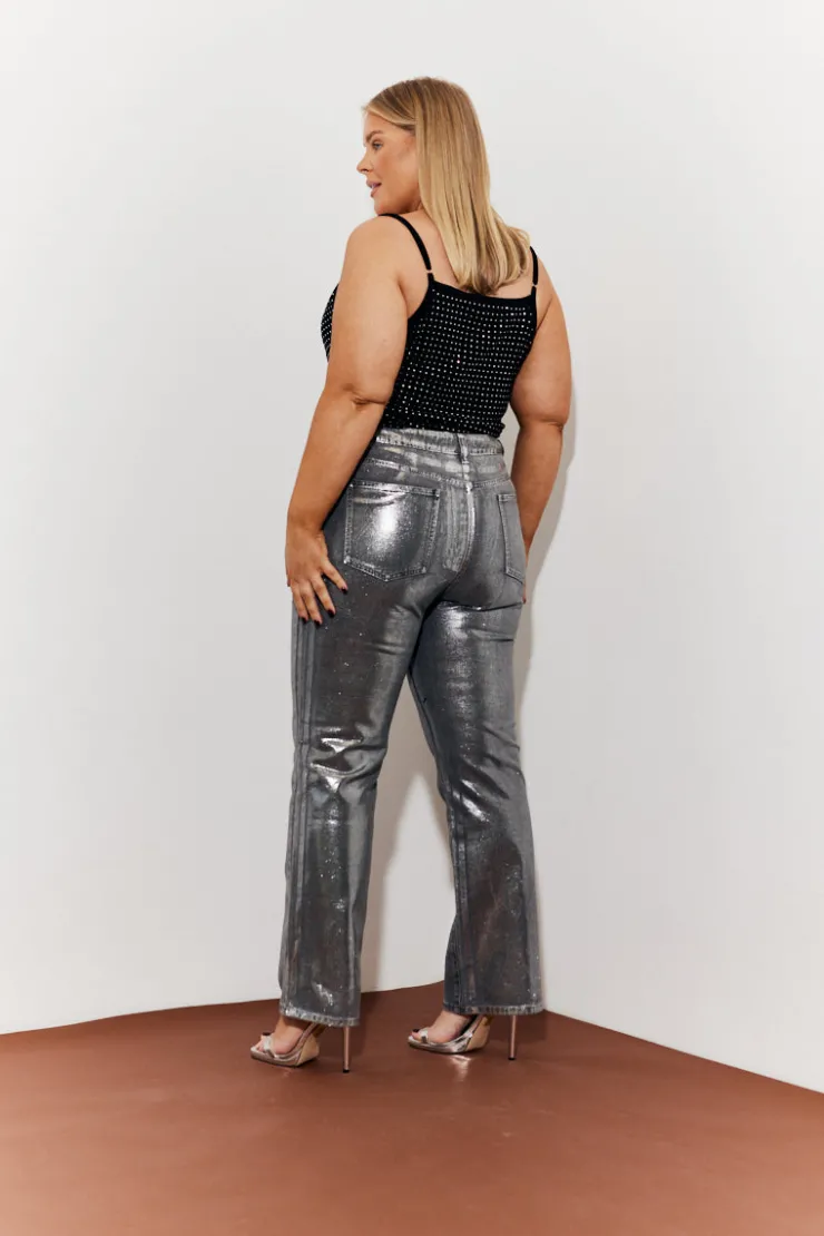 New In the Style Wide Leg Foil High Waisted Jeans Silver