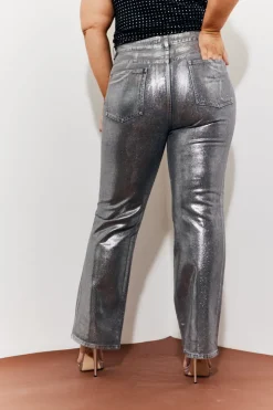 New In the Style Wide Leg Foil High Waisted Jeans Silver