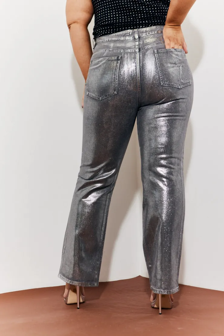 New In the Style Wide Leg Foil High Waisted Jeans Silver