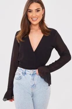 Discount In the Style Wrap Front Flared Cuff Bodysuit