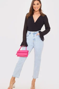 Discount In the Style Wrap Front Flared Cuff Bodysuit