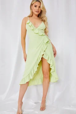Online In the Style Wrap Front Frill Detail Midi Dress Green