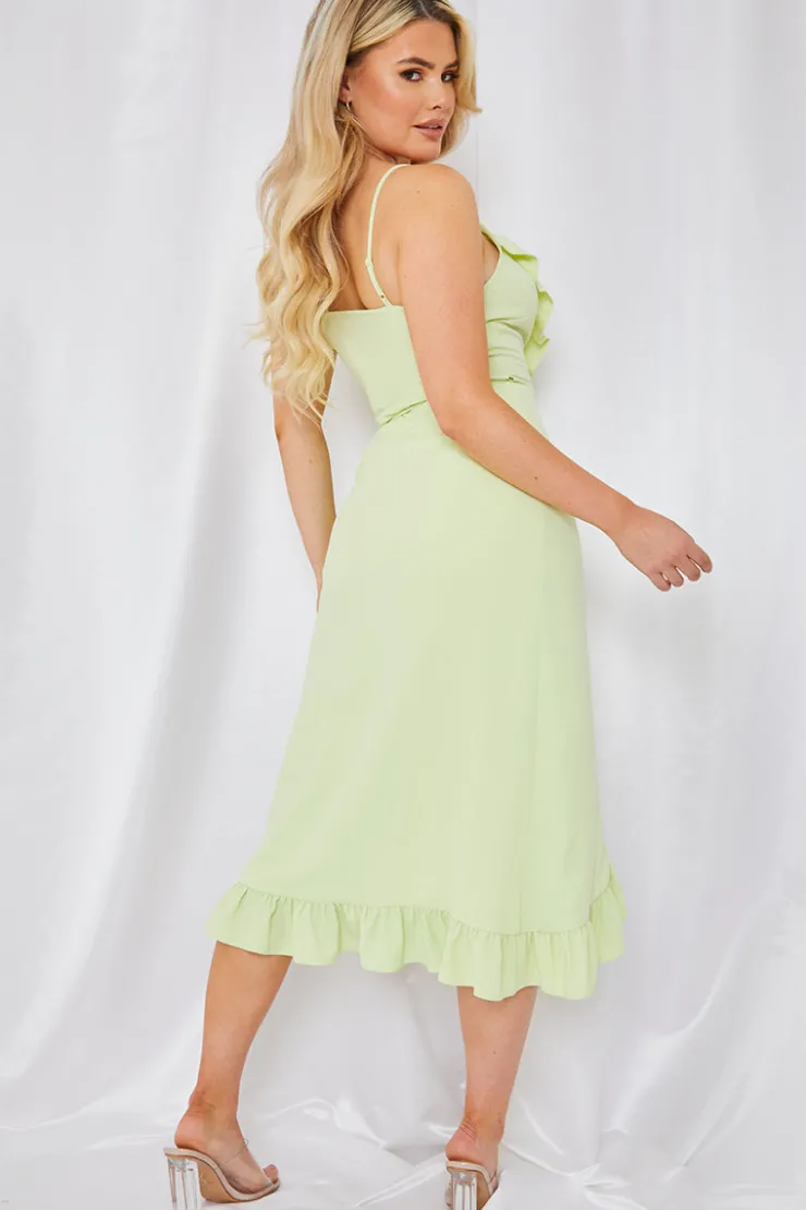 Online In the Style Wrap Front Frill Detail Midi Dress Green