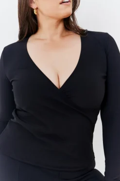 Outlet In The Style Wrap Front Rib Long Sleeve Top Black