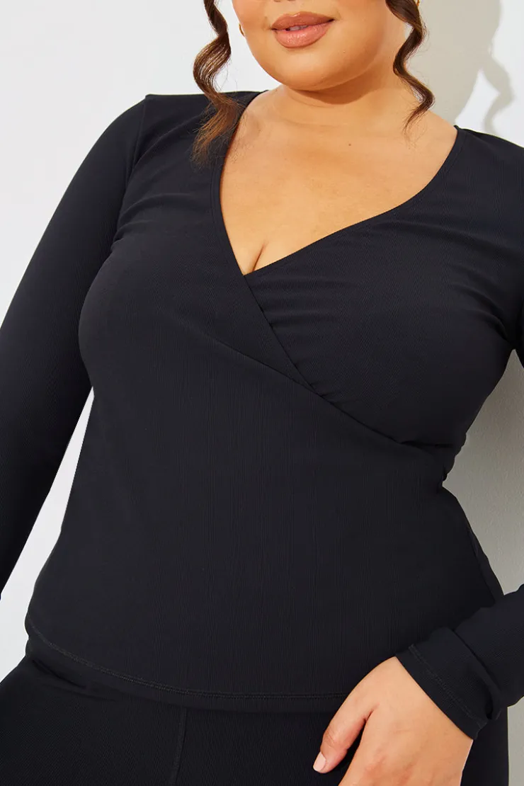 Outlet In The Style Wrap Front Rib Long Sleeve Top Black