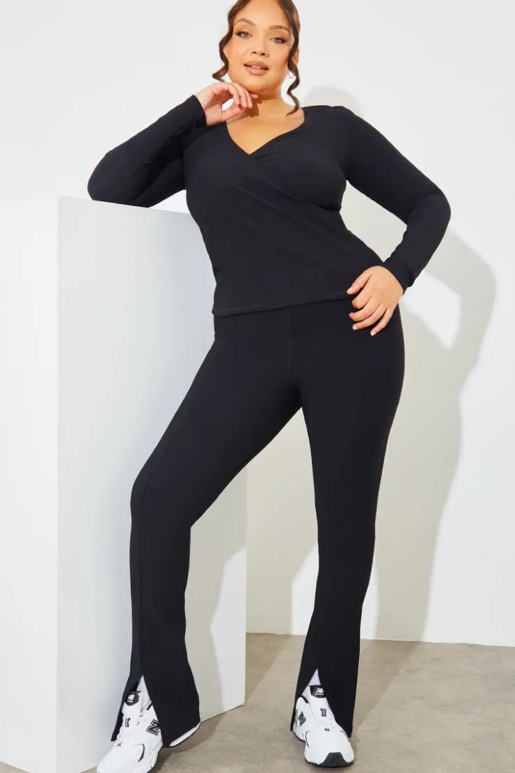 Outlet In The Style Wrap Front Rib Long Sleeve Top Black