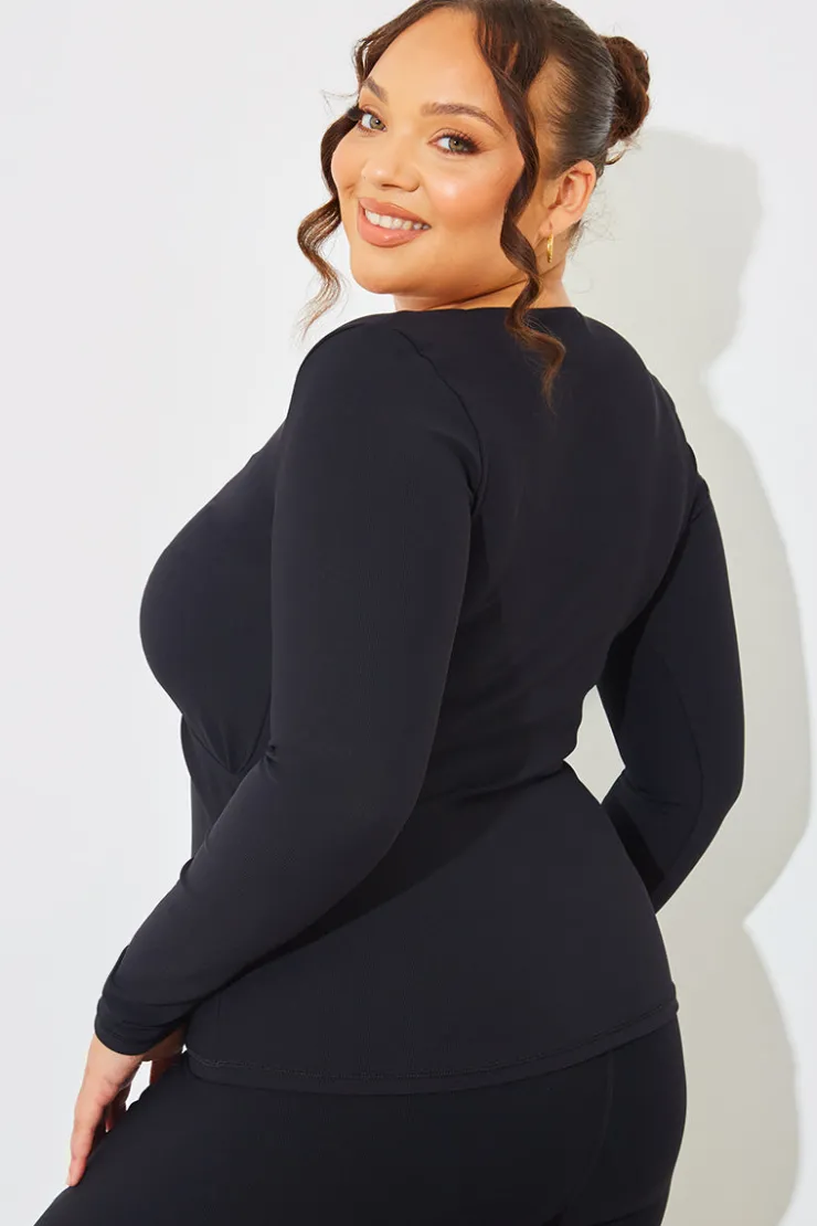 Outlet In The Style Wrap Front Rib Long Sleeve Top Black