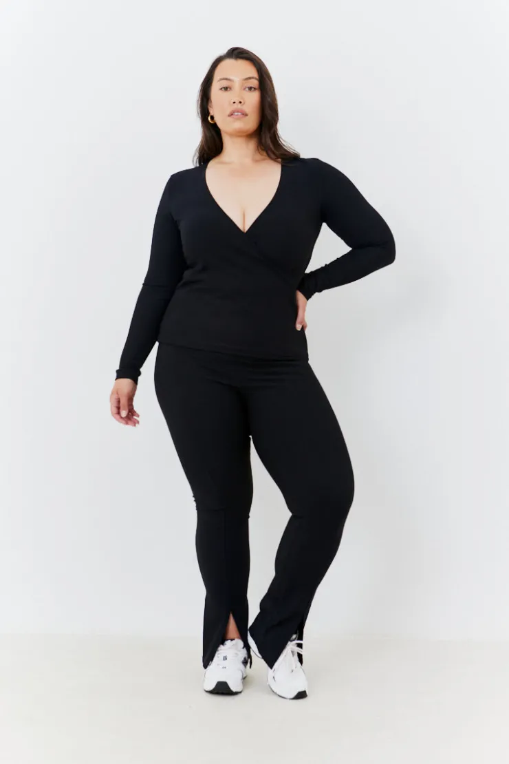 Outlet In The Style Wrap Front Rib Long Sleeve Top Black