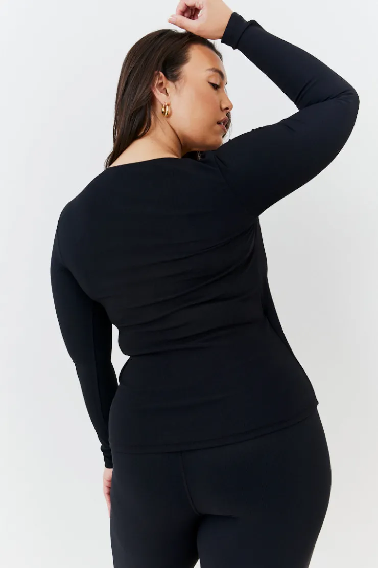 Outlet In The Style Wrap Front Rib Long Sleeve Top Black