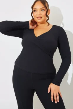 Outlet In The Style Wrap Front Rib Long Sleeve Top Black