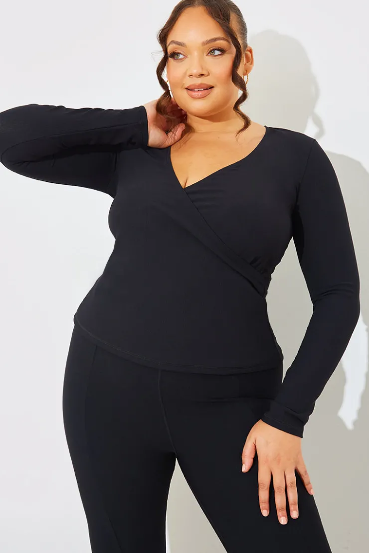 Outlet In The Style Wrap Front Rib Long Sleeve Top Black