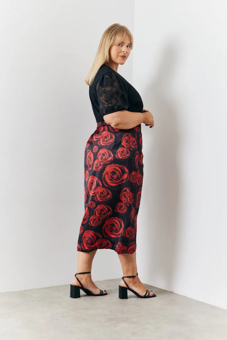 New In The Style Wrap Front Rose Midi Skirt Multicoloured