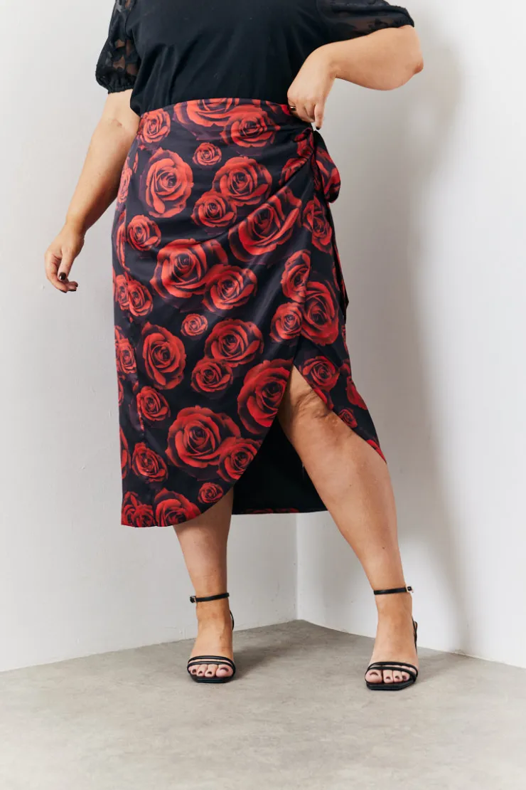 New In The Style Wrap Front Rose Midi Skirt Multicoloured