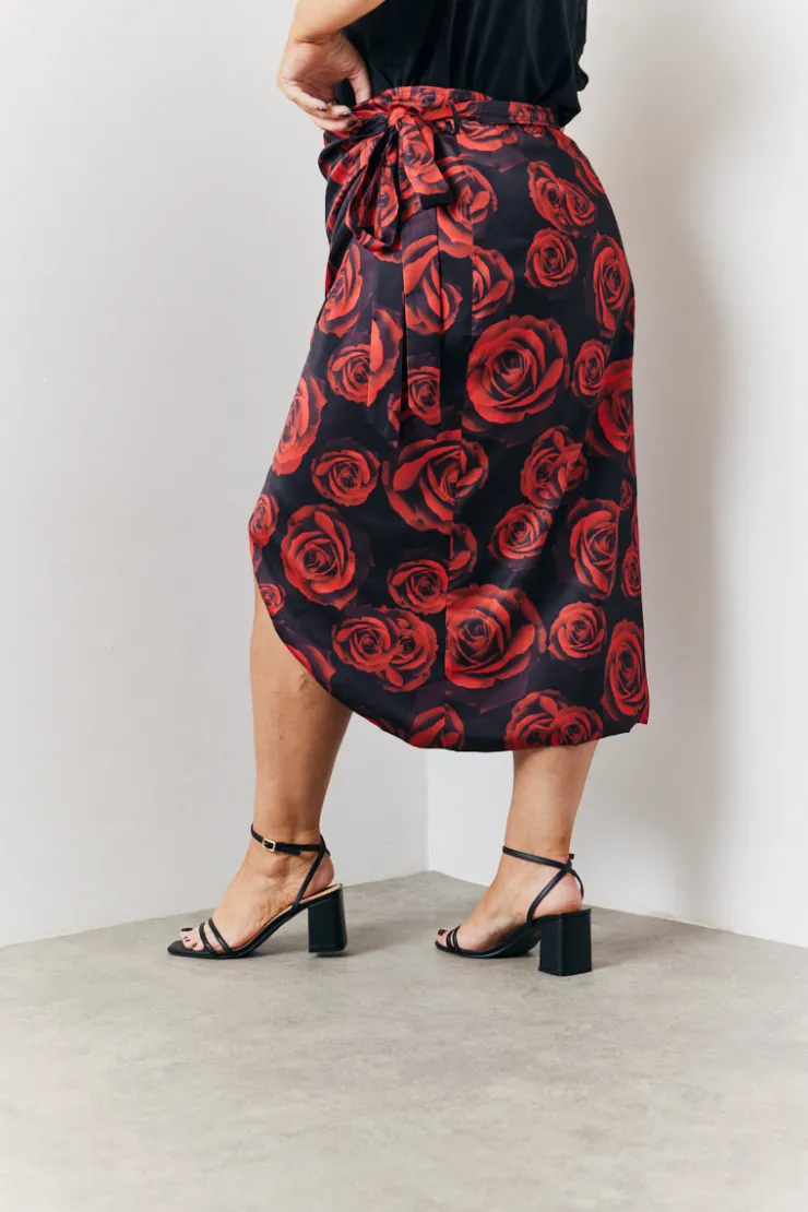 New In The Style Wrap Front Rose Midi Skirt Multicoloured