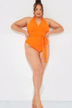Discount In The Style Wrap Tie Front Swimsuit Orange