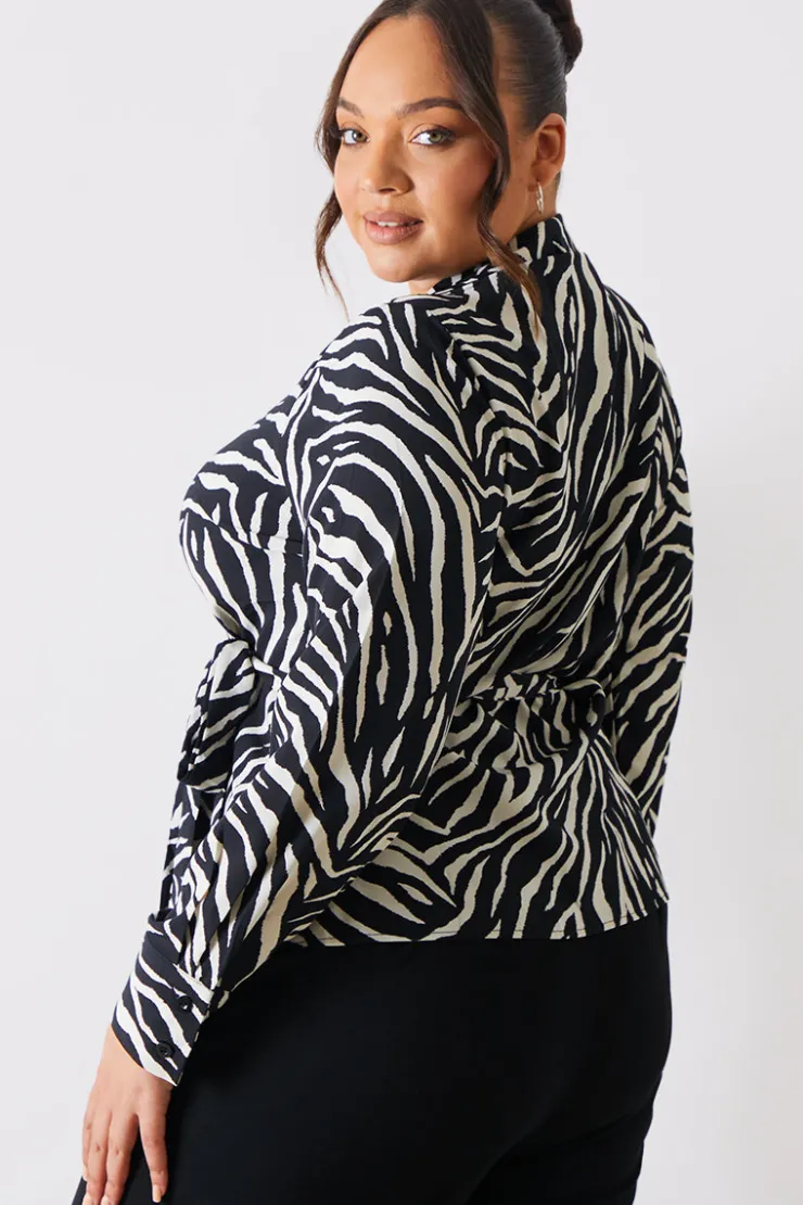 In The Style Zebra Print Wrap Front Shirt Black