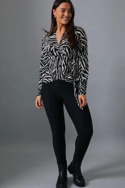 In The Style Zebra Print Wrap Front Shirt Black