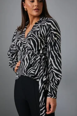 In The Style Zebra Print Wrap Front Shirt Black