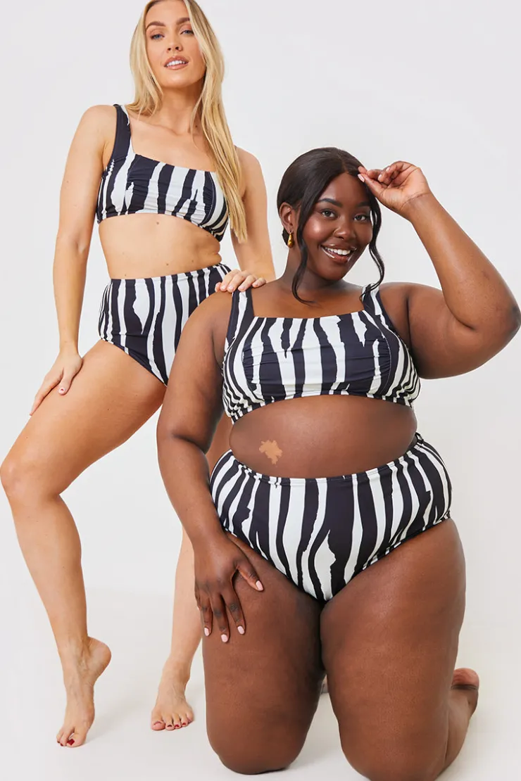 Discount In the Style Zebra Ruched Front Square Neck Bikini Top White