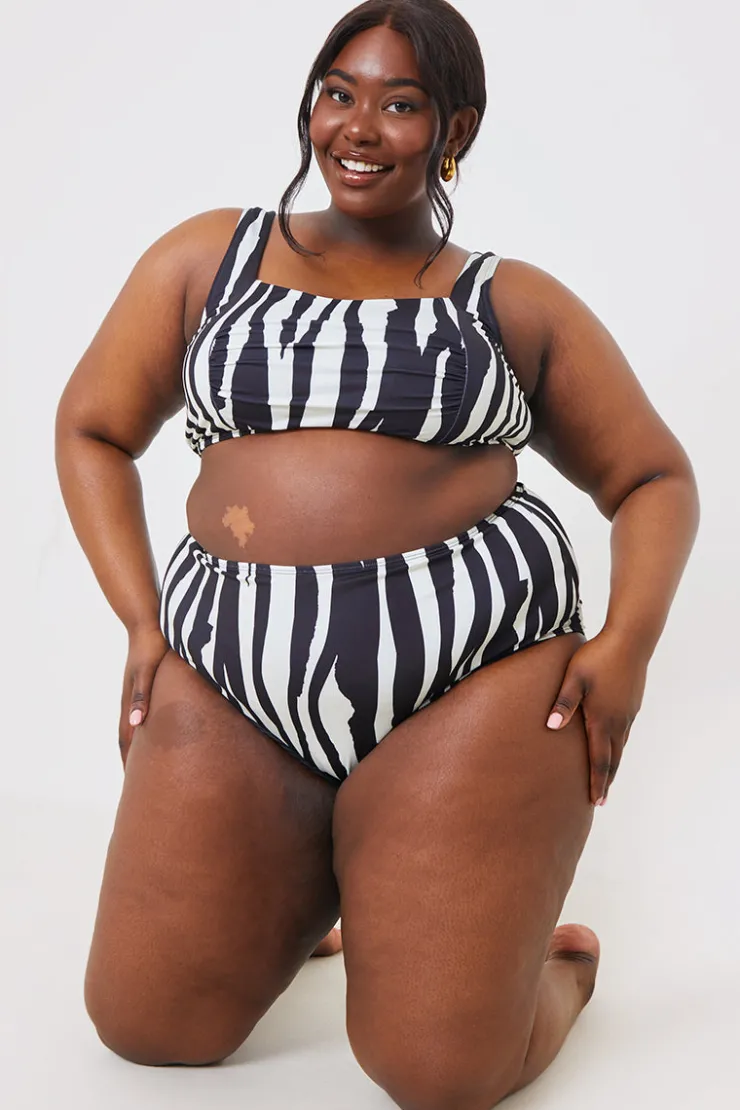 Discount In the Style Zebra Ruched Front Square Neck Bikini Top White