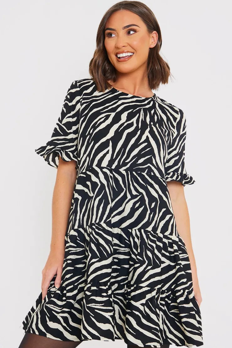 Outlet In the Style Zebra Smock Dress With Frill Sleeve Black