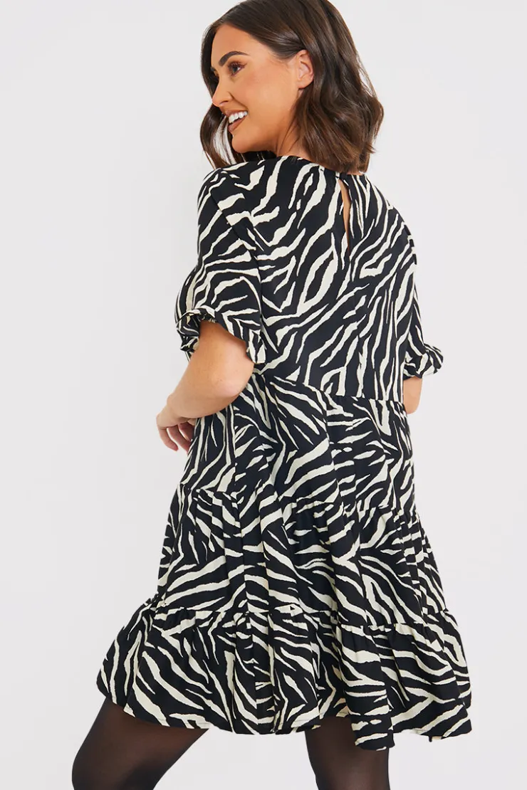 Outlet In the Style Zebra Smock Dress With Frill Sleeve Black