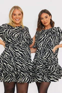 Outlet In the Style Zebra Smock Dress With Frill Sleeve Black