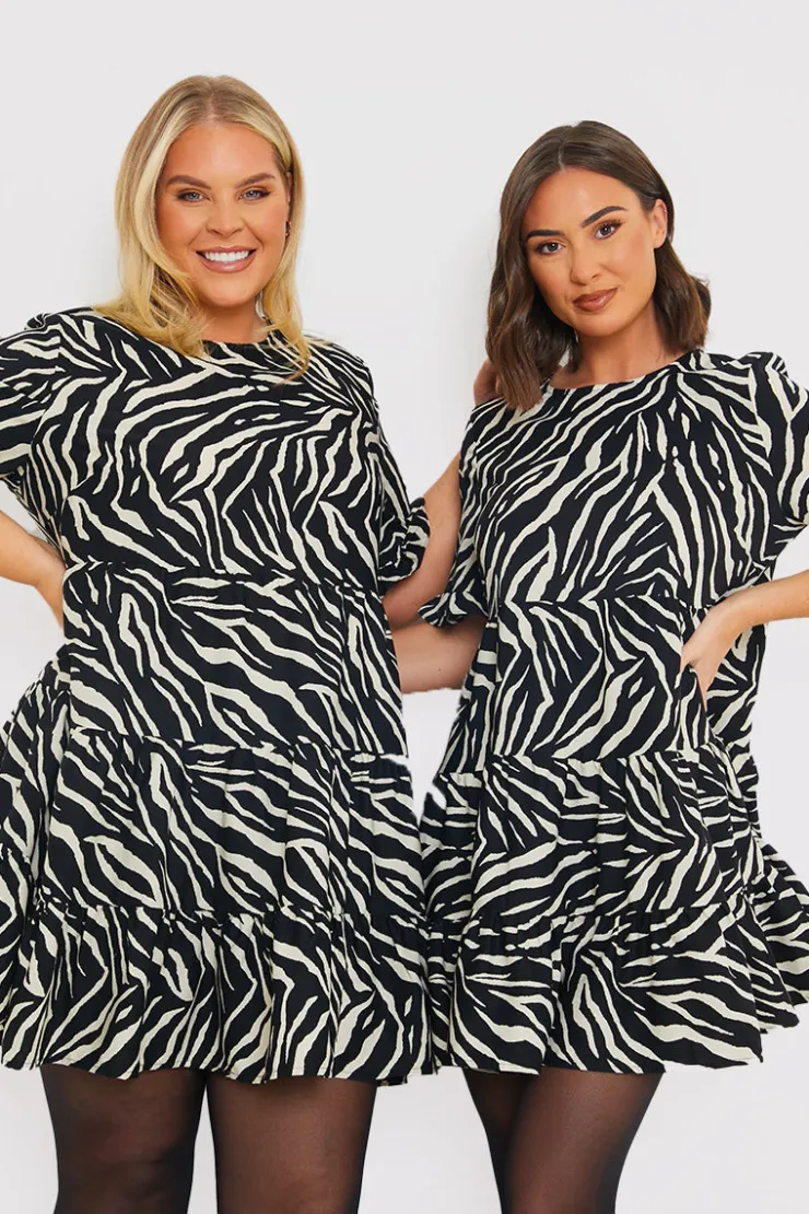 Outlet In the Style Zebra Smock Dress With Frill Sleeve Black