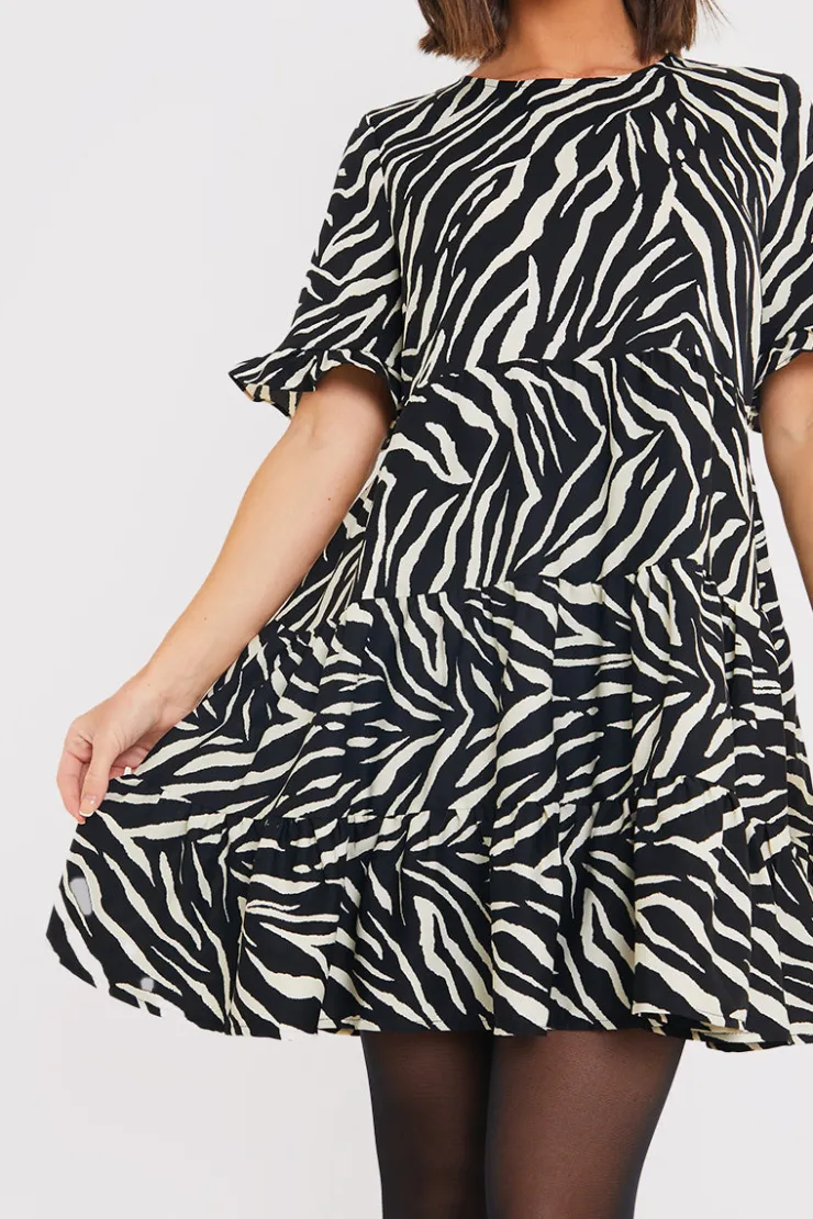 Outlet In the Style Zebra Smock Dress With Frill Sleeve Black