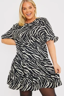 Outlet In the Style Zebra Smock Dress With Frill Sleeve Black