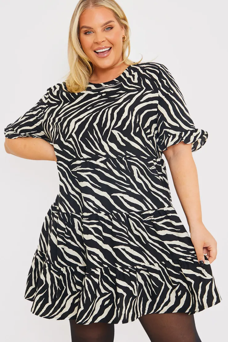 Outlet In the Style Zebra Smock Dress With Frill Sleeve Black