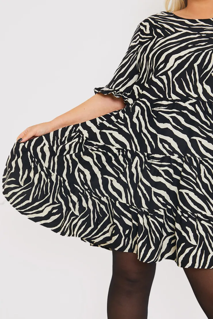 Outlet In the Style Zebra Smock Dress With Frill Sleeve Black