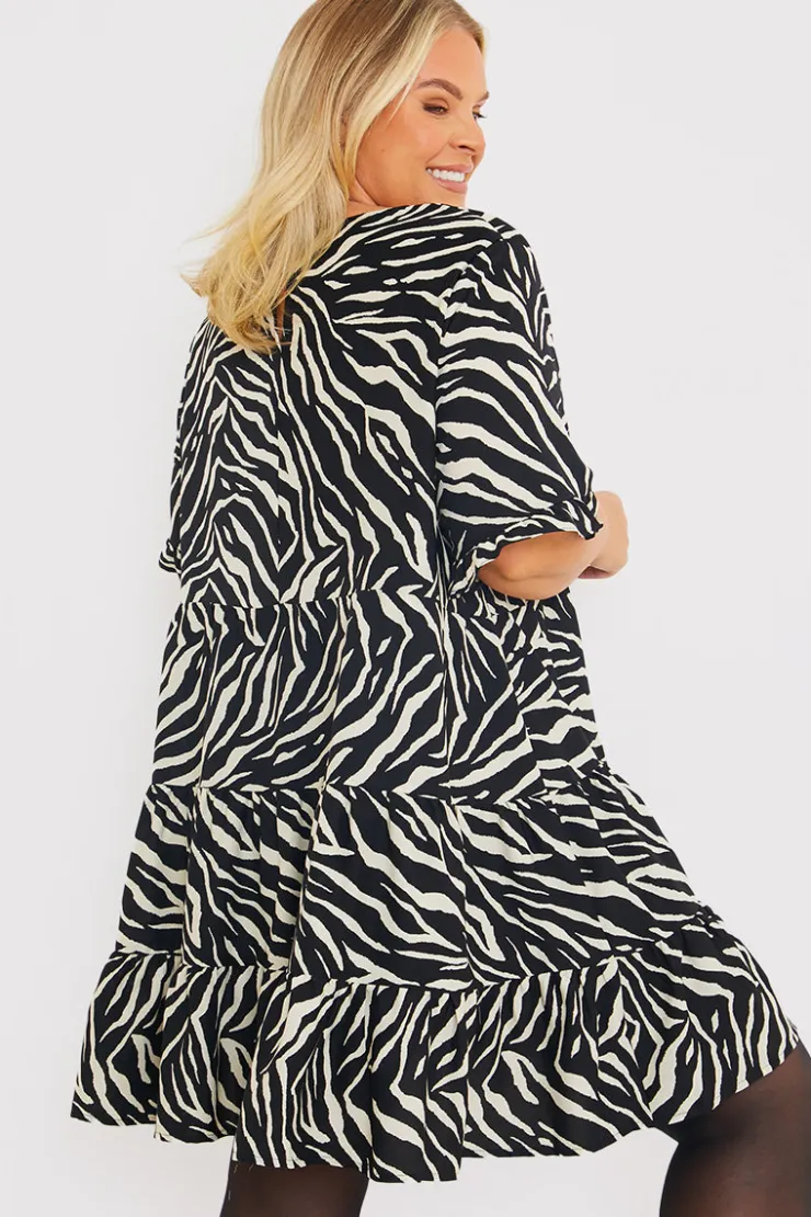 Outlet In the Style Zebra Smock Dress With Frill Sleeve Black