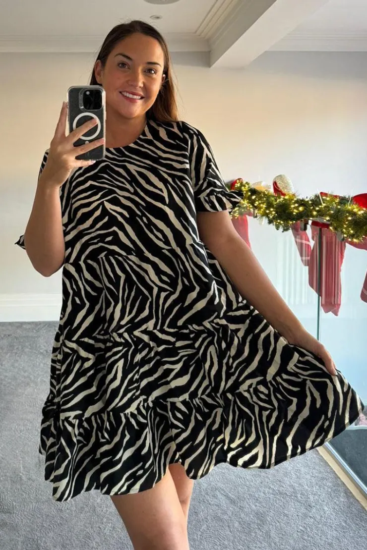 Outlet In the Style Zebra Smock Dress With Frill Sleeve Black