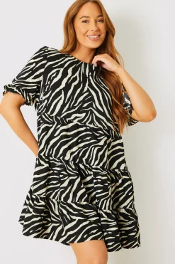 Outlet In the Style Zebra Smock Dress With Frill Sleeve Black