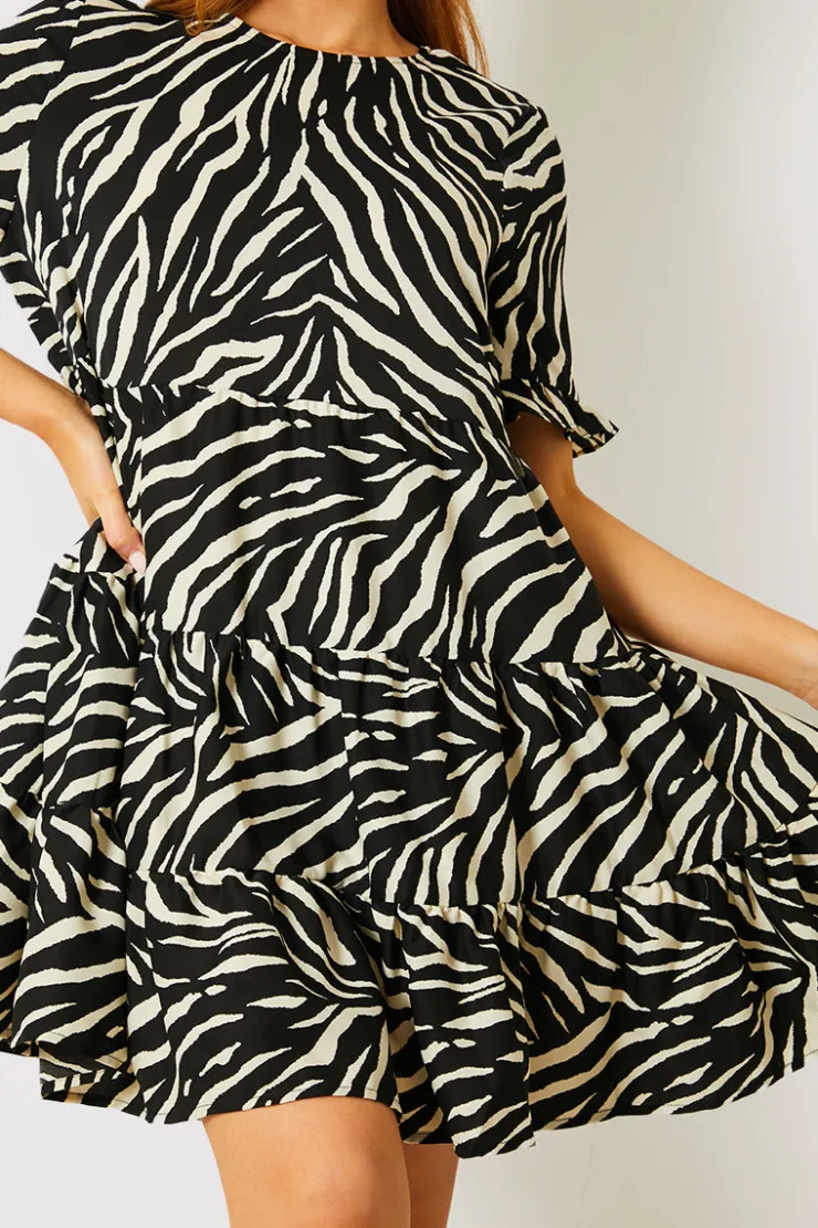 Outlet In the Style Zebra Smock Dress With Frill Sleeve Black