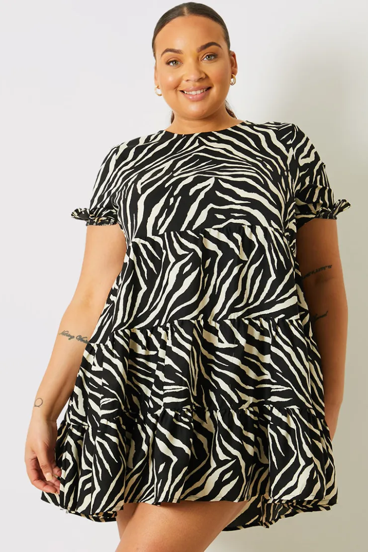 Outlet In the Style Zebra Smock Dress With Frill Sleeve Black