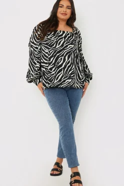 New In the Style Zebra Woven Balloon Sleeve Blouse Black