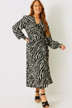 In the Style Zebra Woven Printed Wrap Midi Dress Black