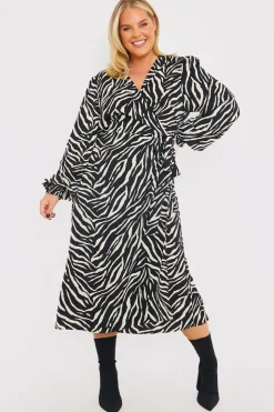 In the Style Zebra Woven Printed Wrap Midi Dress Black