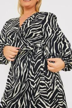 In the Style Zebra Woven Printed Wrap Midi Dress Black