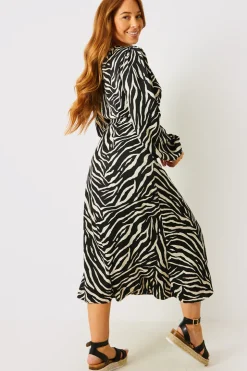In the Style Zebra Woven Printed Wrap Midi Dress Black