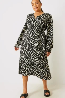 In the Style Zebra Woven Printed Wrap Midi Dress Black