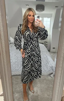 In the Style Zebra Woven Printed Wrap Midi Dress Black