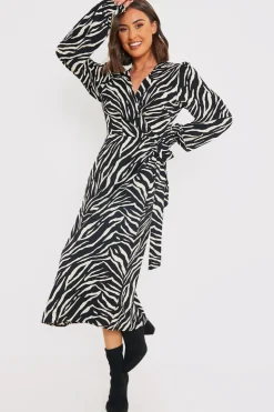 In the Style Zebra Woven Printed Wrap Midi Dress Black