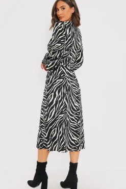 In the Style Zebra Woven Printed Wrap Midi Dress Black